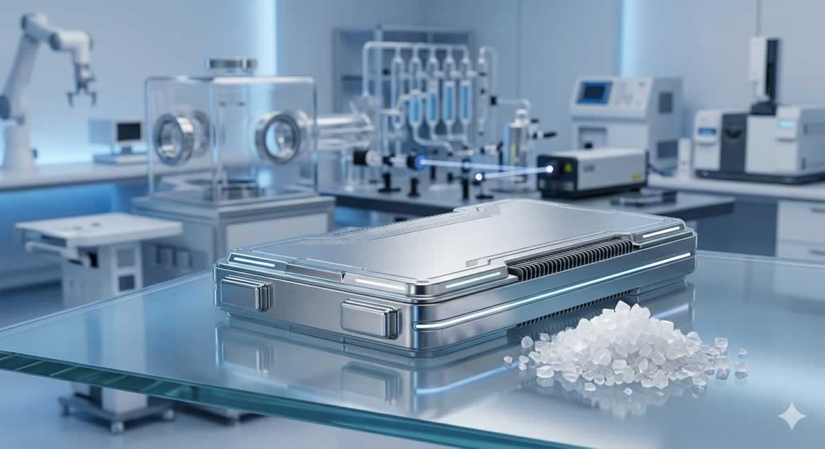Baterías de sodio de nueva generación junto a cristales de sal en un laboratorio