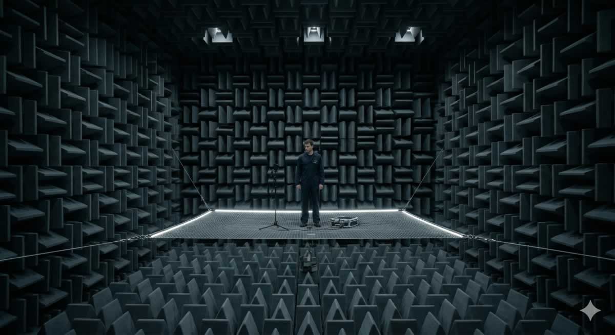 Interior de la cámara anecoica de Microsoft mostrando las cuñas de absorción sonora.