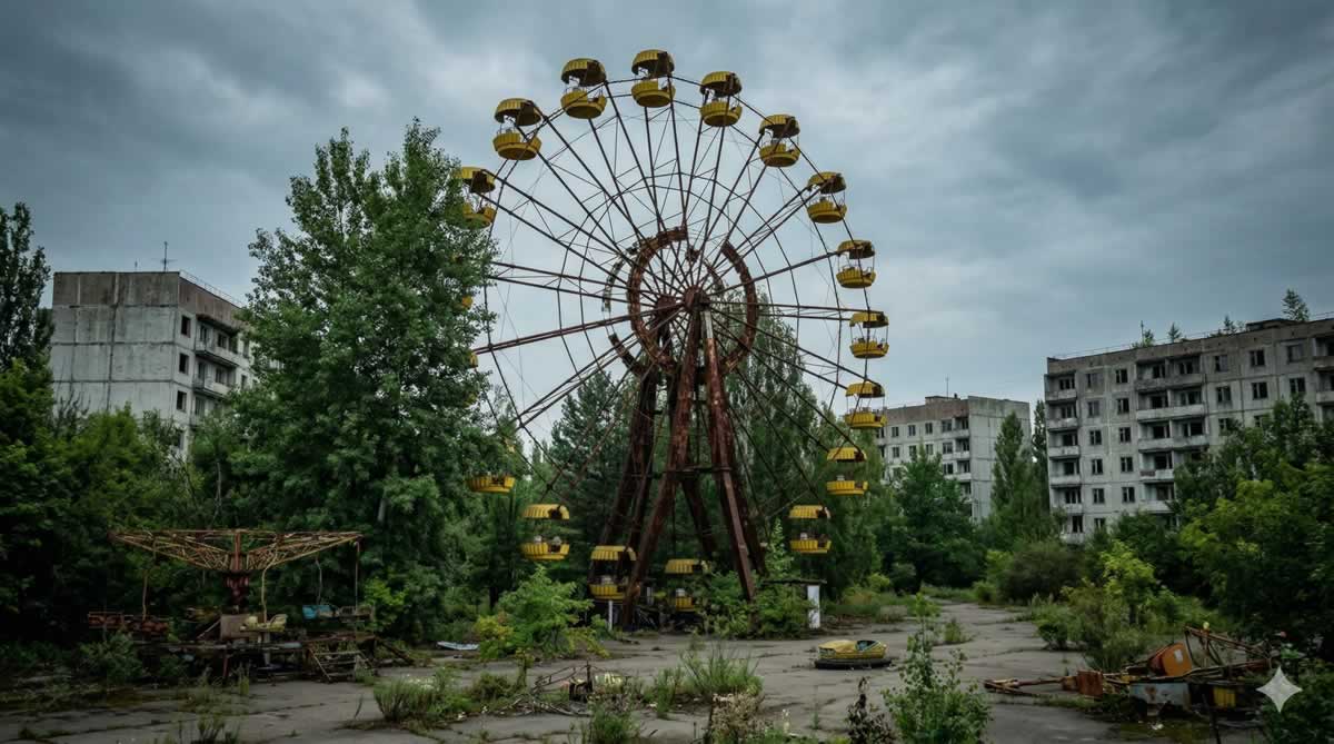 Ciudad fantasma de Pripyat con la noria abandonada y vegetación creciendo entre edificios.