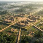 Reconstrucción de la civilización del valle Upano con sus plataformas y caminos en el Amazonas.