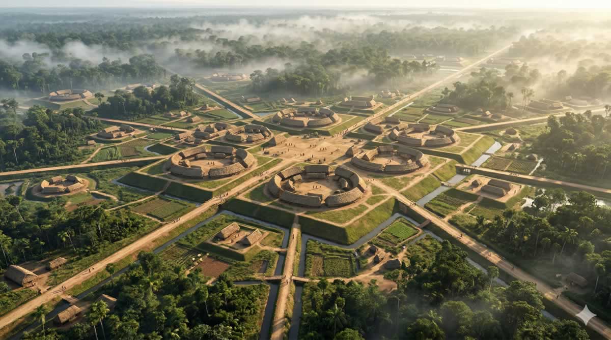 Reconstrucción de la civilización del valle Upano con sus plataformas y caminos en el Amazonas.