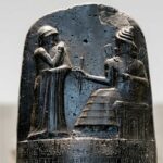 Código de Hammurabi tallado en basalto negro con inscripciones cuneiformes