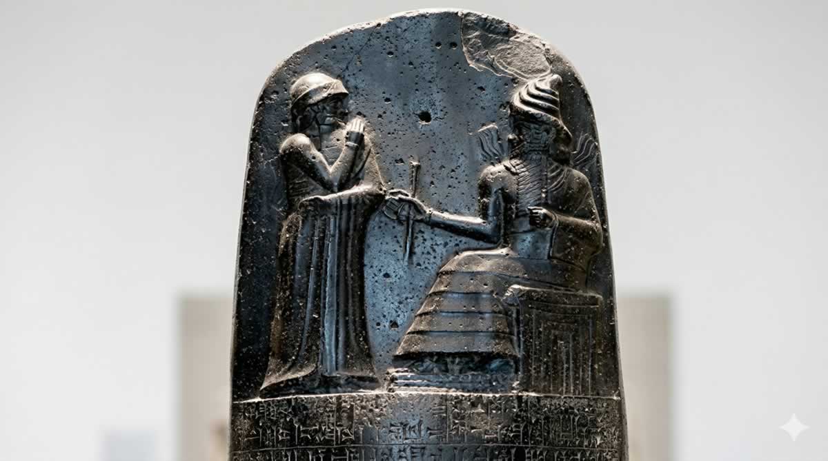 Código de Hammurabi tallado en basalto negro con inscripciones cuneiformes