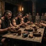 La cultura donde las comidas eran una prueba de estatus y obediencia Guerreros participando en las comidas en la Antigua Esparta bajo el rito de las syssitia.