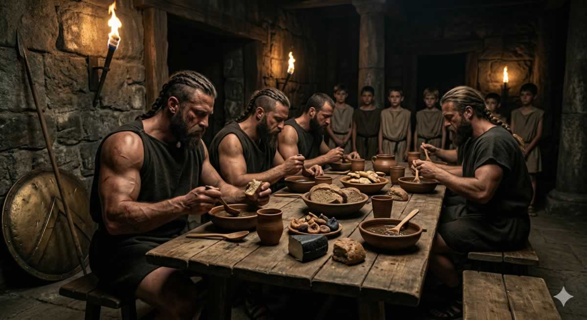Guerreros participando en las comidas en la Antigua Esparta bajo el rito de las syssitia.