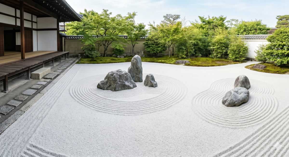 Comunicación silenciosa japonesa representada en un jardín Zen