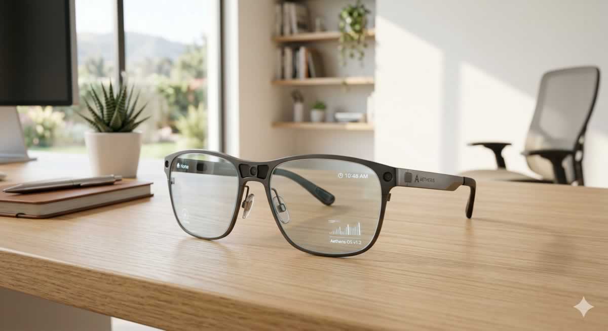 Gafas de Realidad Mixta de diseño minimalista sobre un escritorio moderno