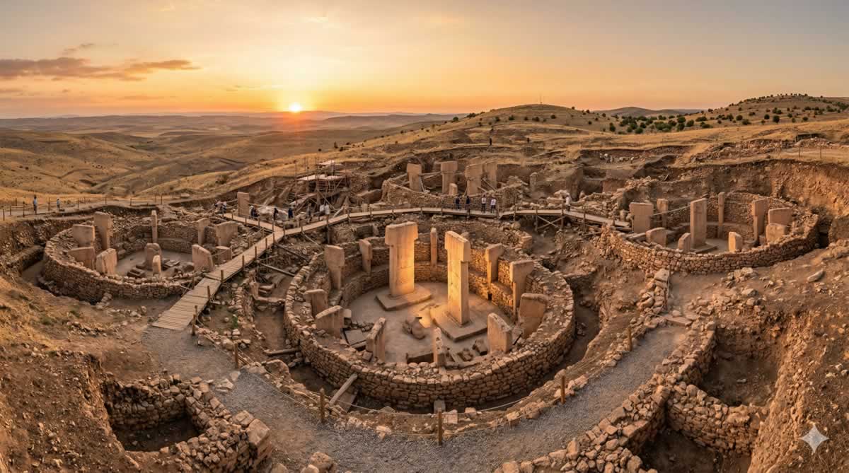 Göbekli Tepe pilares antiguos en forma de T en Turquía al atardecer