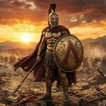 Guerreros espartanos antiguos con armadura de bronce y capa roja en el campo de batalla.
