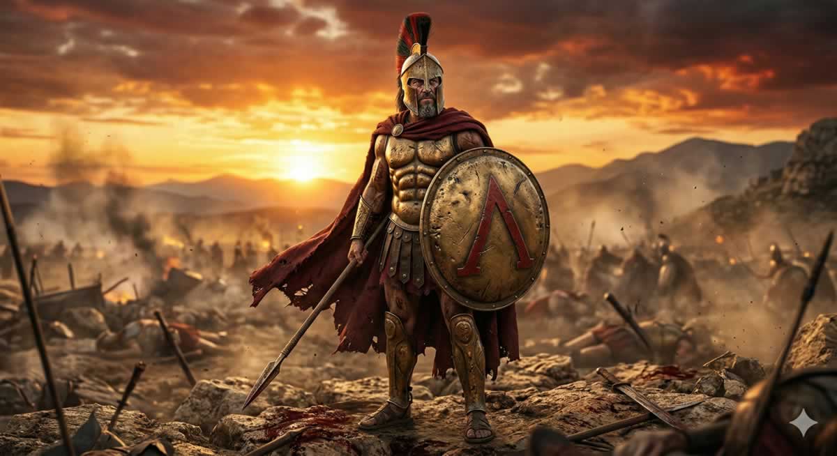 Guerreros espartanos antiguos con armadura de bronce y capa roja en el campo de batalla.