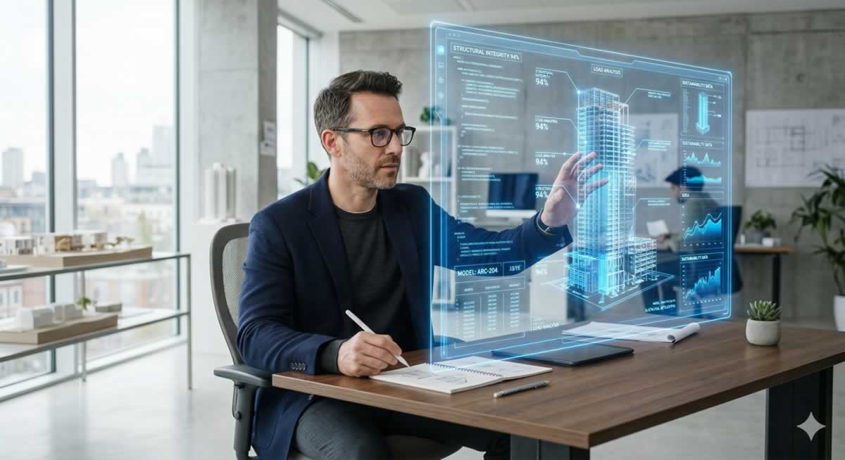 IA Generativa avanzada colaborando con un profesional en un entorno de alta tecnología.