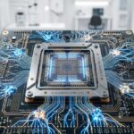 Inteligencia Artificial autónoma representada por un núcleo de procesamiento cuántico con luces neuronales.