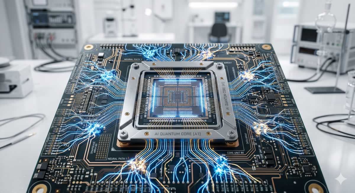 Inteligencia Artificial autónoma representada por un núcleo de procesamiento cuántico con luces neuronales.