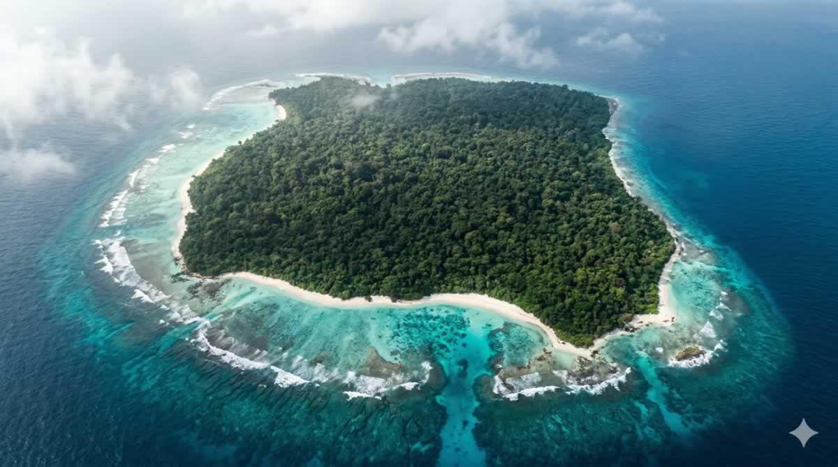 Isla Sentinel del Norte vista desde el aire con su densa selva y arrecifes.