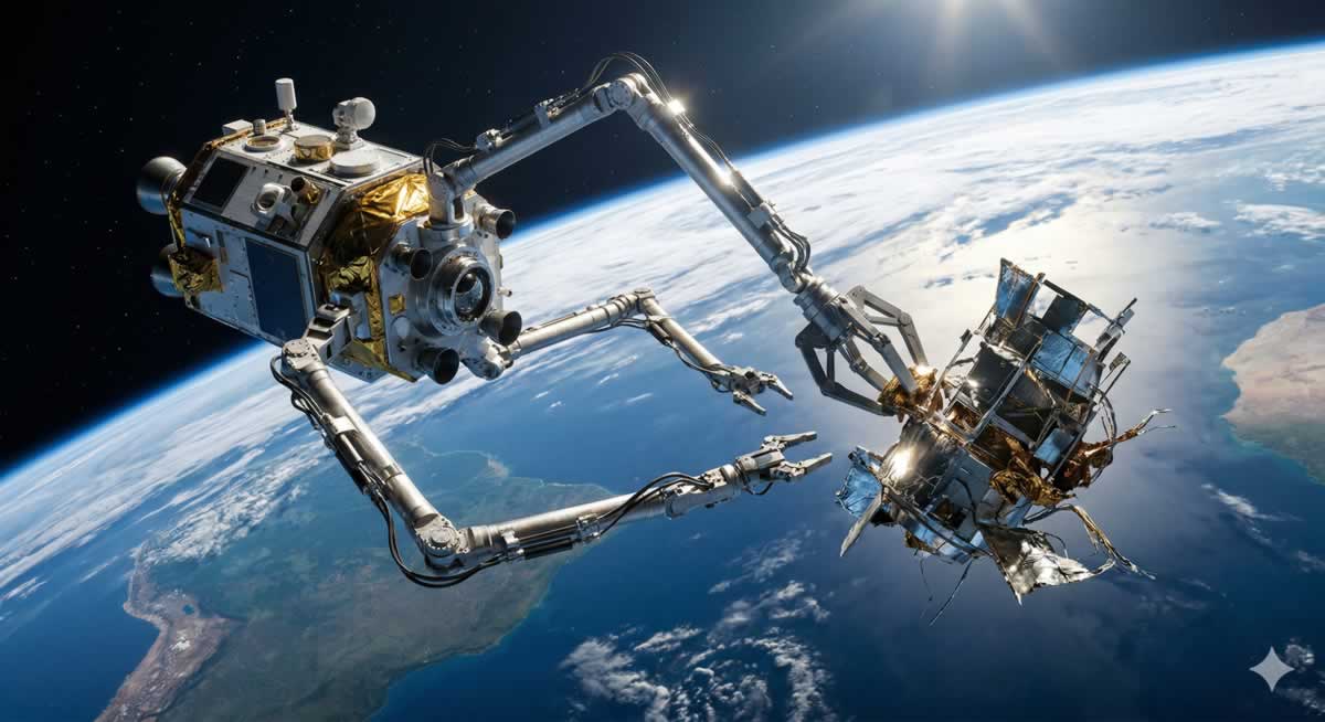 Satélite de limpieza basura espacial capturando escombros en órbita