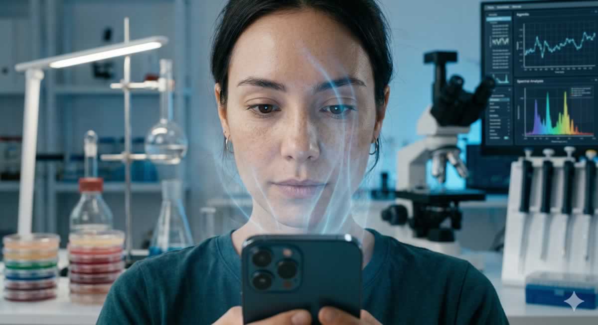 Luz azul piel reflejada desde un smartphone en el rostro