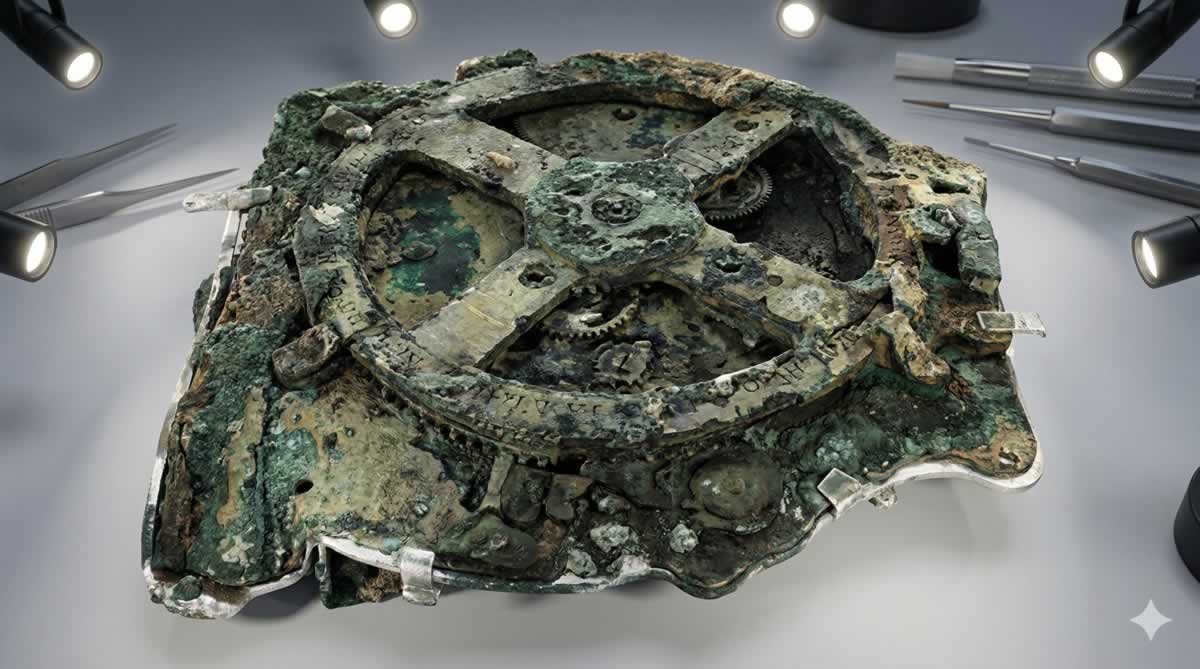 Detalle de los engranajes del mecanismo de Anticitera en una recreación arqueológica.