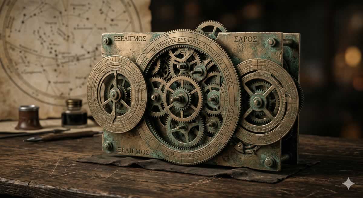 Mecanismo de Anticitera reconstruido mostrando sus complejos engranajes astronómicos.