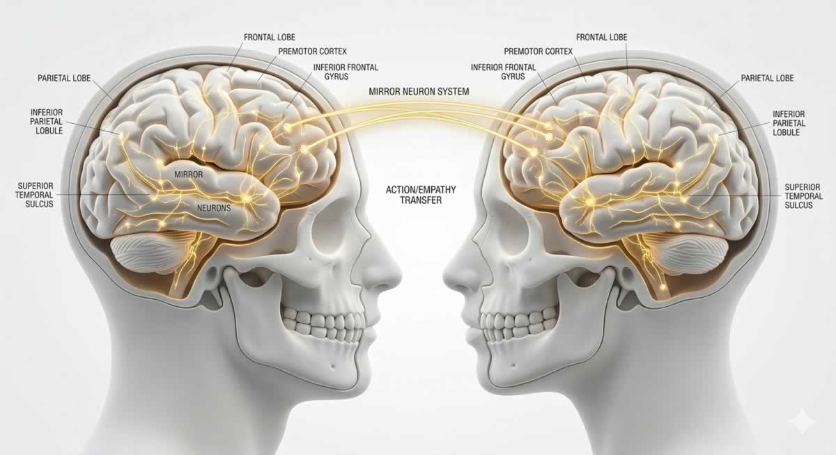 Neuronas espejo representadas como conexiones de luz entre dos cerebros humanos
