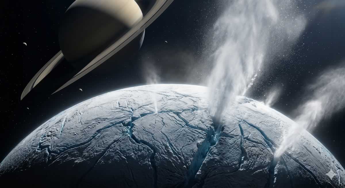 Océano de Encélado géiseres de vapor brotando de la superficie de la luna de Saturno