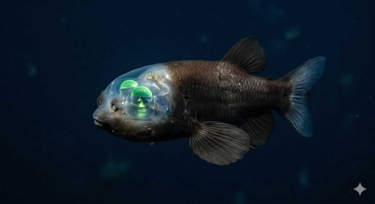 Pez cabeza transparente Macropinna microstoma con ojos verdes tubulares en el abismo