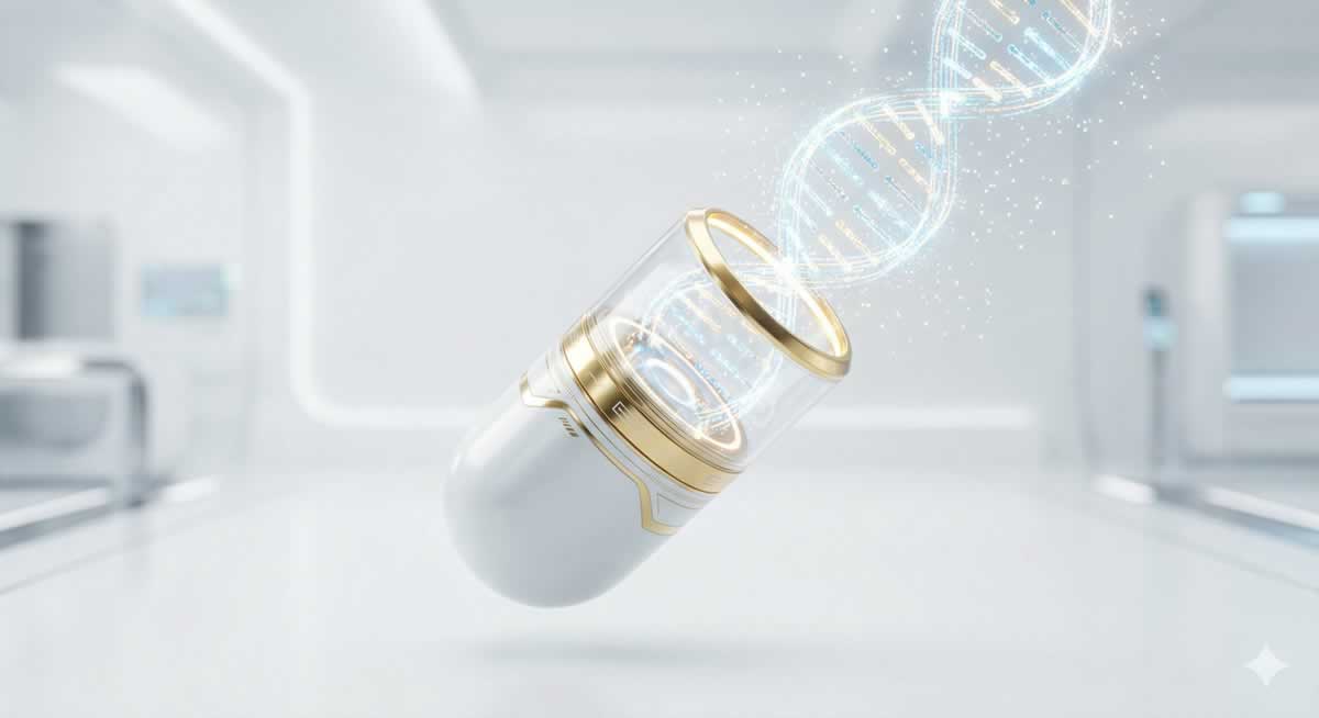 La píldora de longevidad representada como una cápsula avanzada con ADN brillante