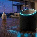 El dispositivo que escucha más de lo que imaginas Detalle de la privacidad de asistentes de voz representado por un altavoz inteligente con luz activada.