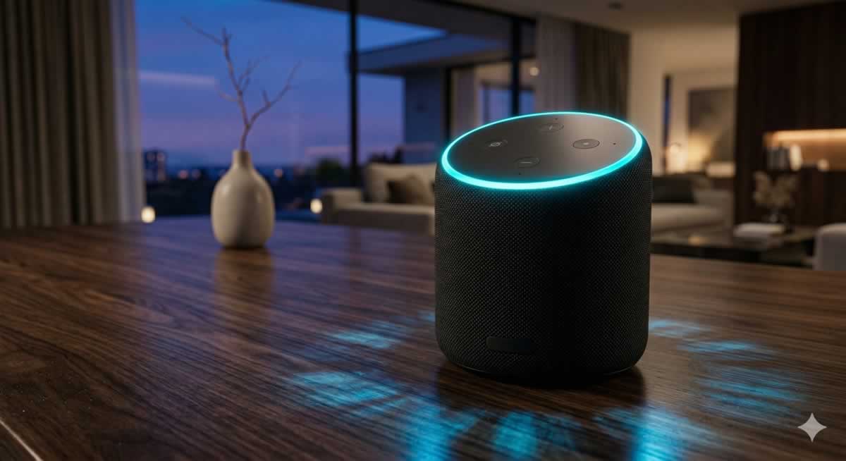 Detalle de la privacidad de asistentes de voz representado por un altavoz inteligente con luz activada.