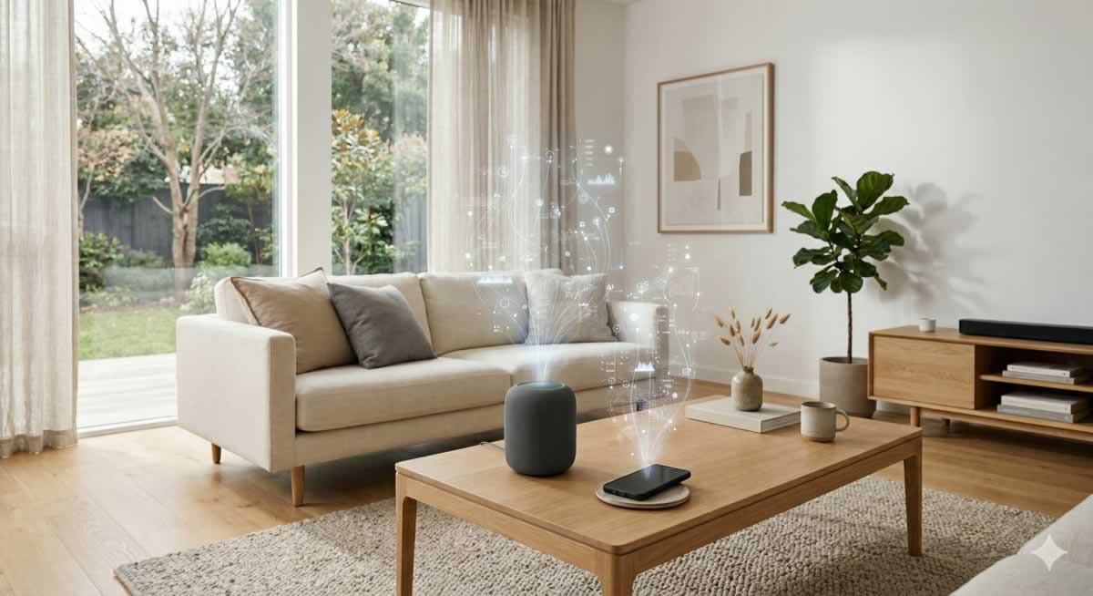 Privacidad de datos tecnológicos y el flujo de información invisible en un hogar inteligente.