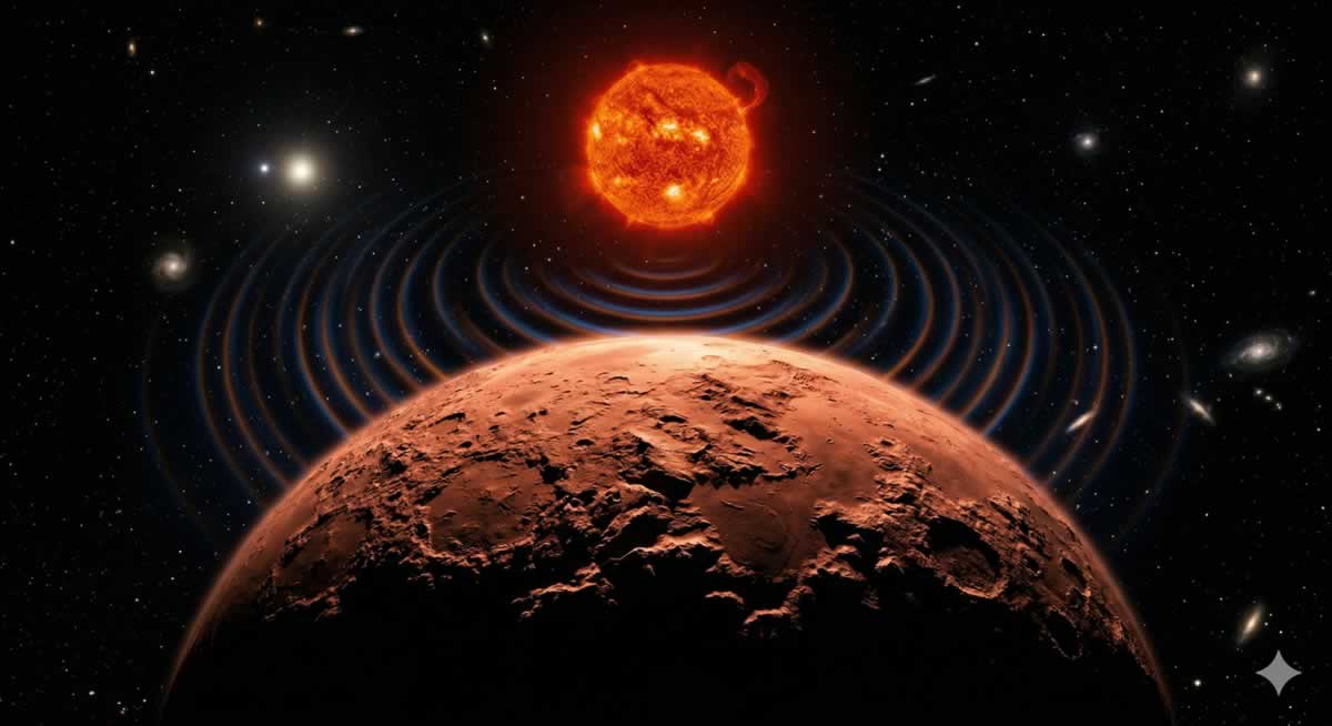 Señal de Proxima Centauri representada como ondas de radio cruzando el espacio hacia la Tierra