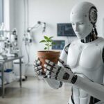 Robots humanoides avanzados realizando tareas delicadas en un laboratorio tecnológico.