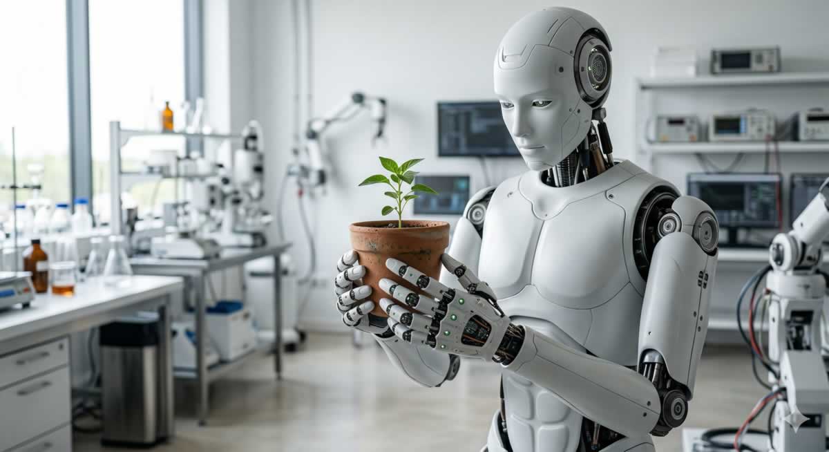 Robots humanoides avanzados realizando tareas delicadas en un laboratorio tecnológico.