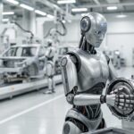 Robots humanoides trabajando en una línea de ensamblaje automotriz moderna