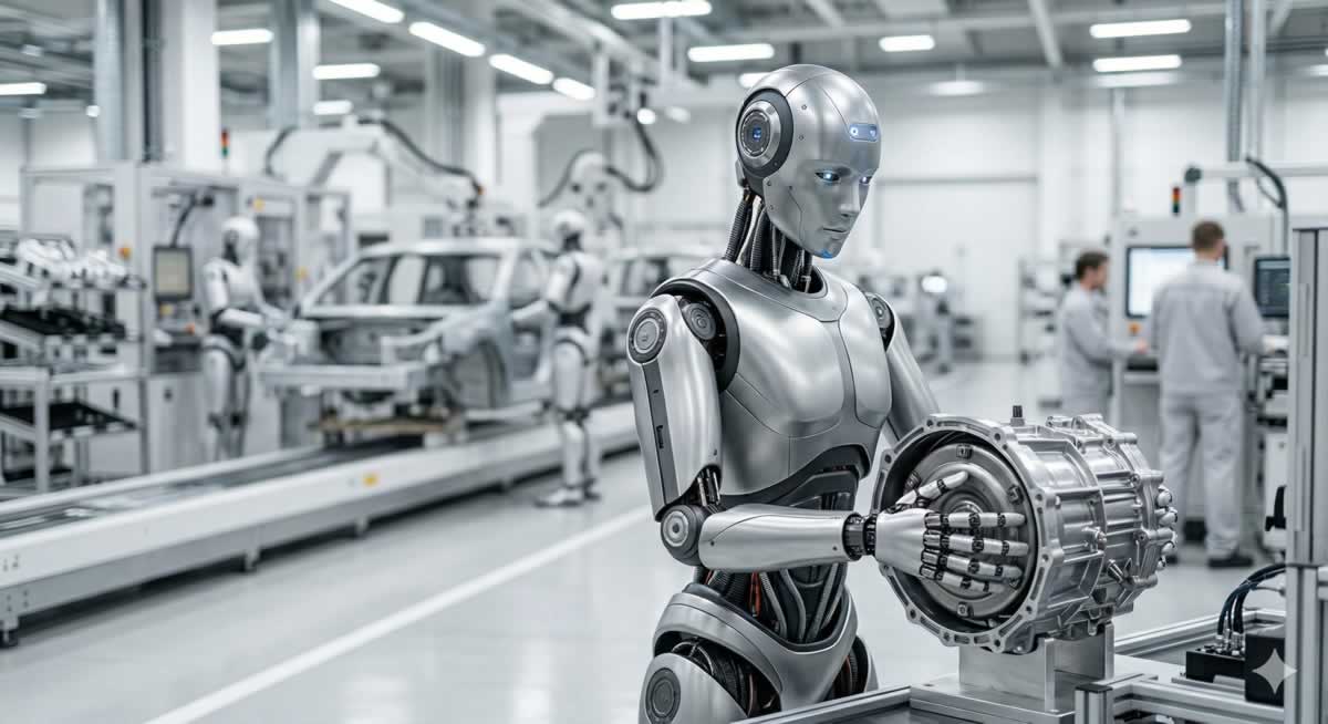 Robots humanoides trabajando en una línea de ensamblaje automotriz moderna