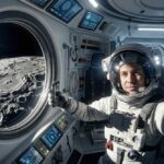 Misión Artemis II selfie de astronauta con el lado oculto de la Luna de fondo