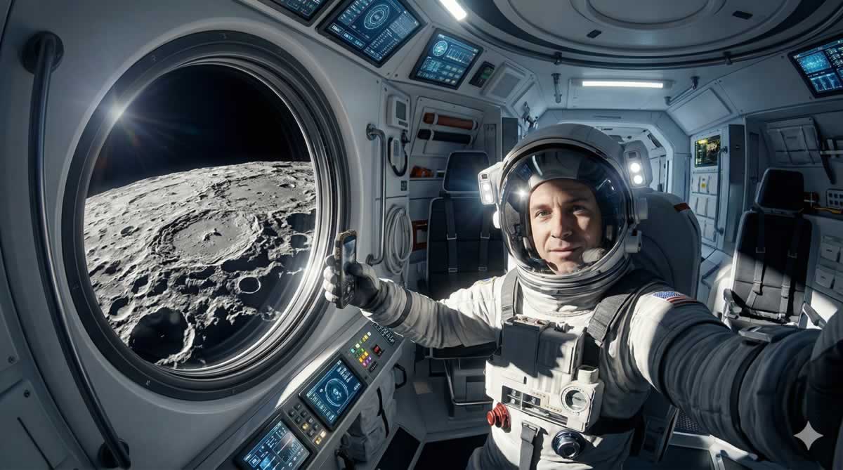 Misión Artemis II selfie de astronauta con el lado oculto de la Luna de fondo