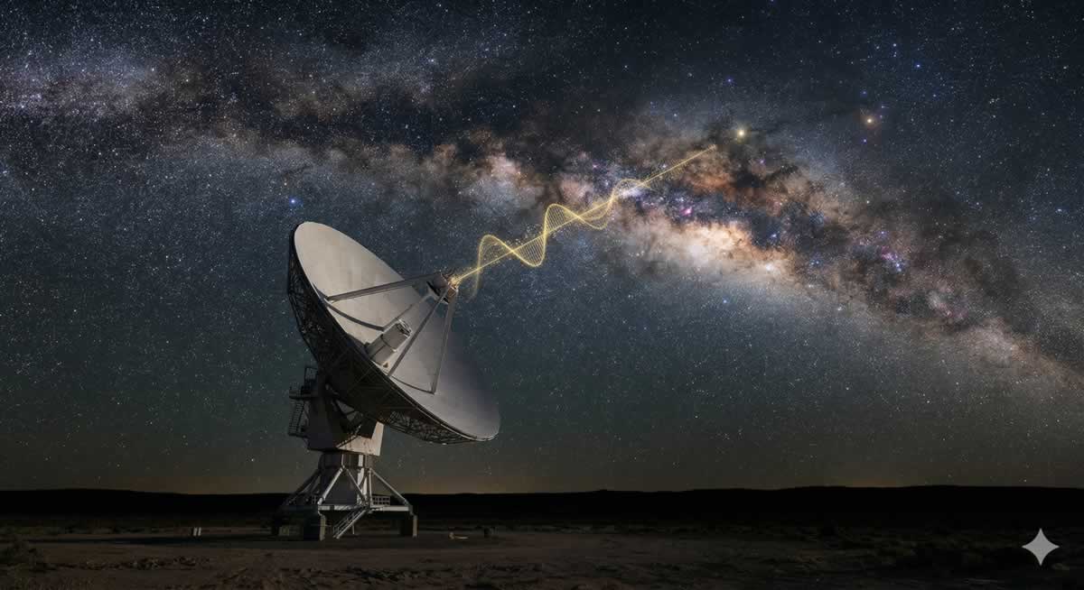 Representación de la Señal Wow espacial llegando a un radiotelescopio terrestre.