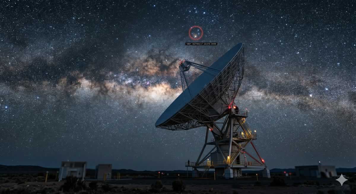 Representación del radiotelescopio Big Ear buscando la Señal Wow en el espacio profundo