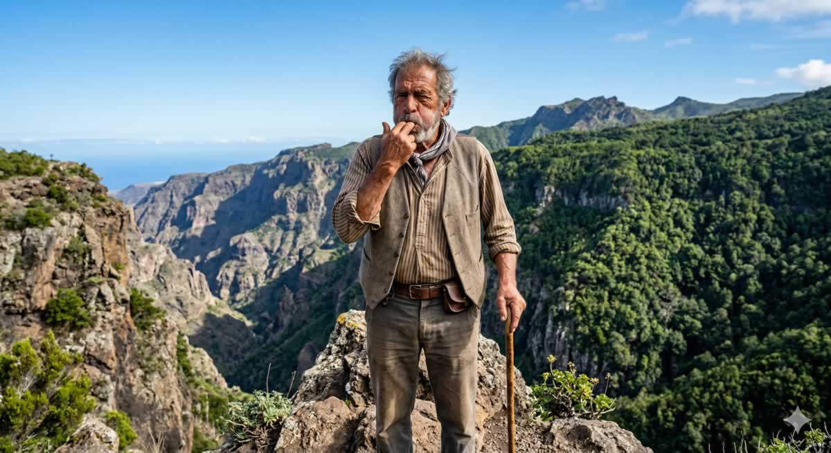 Silbo Gomero practicado por un hombre en un barranco de las Canarias