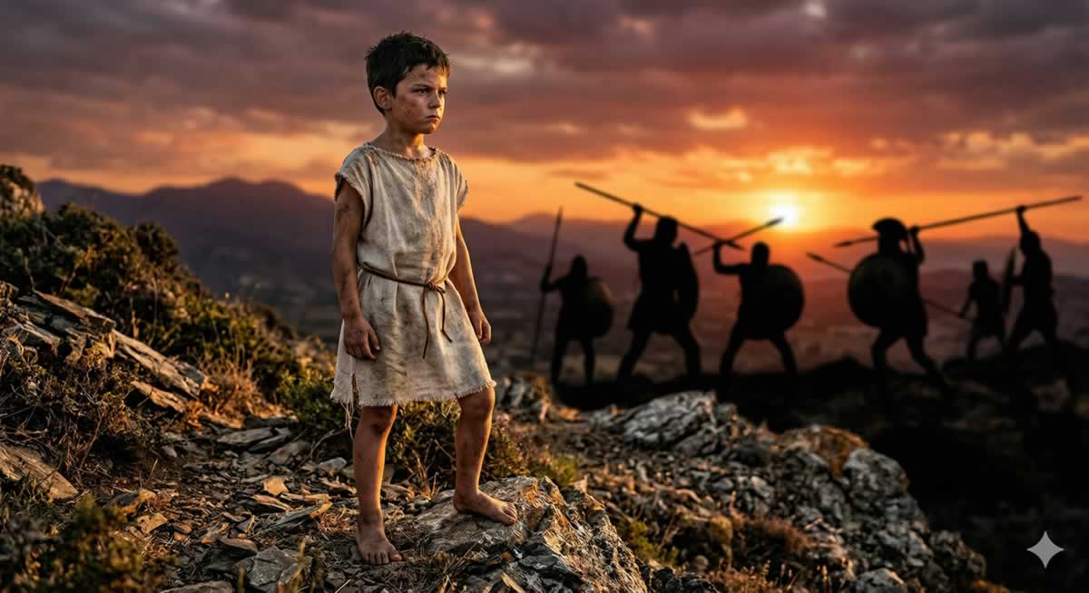 Joven iniciando el sistema educativo espartano en las montañas de Grecia.