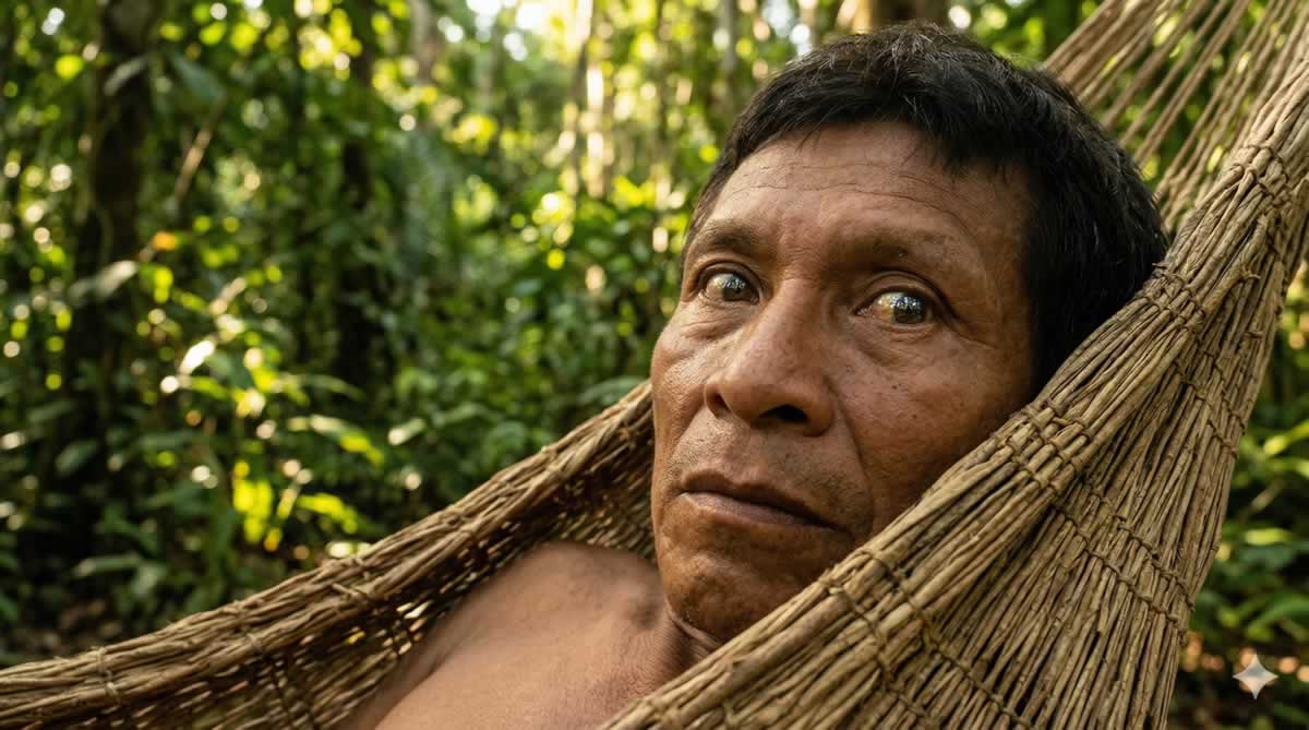 Tribu Pirahã descansando en una hamaca en el Amazonas brasileño.