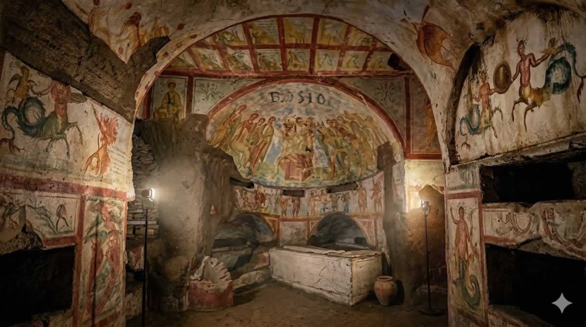 Tumba de Cerbero con frescos antiguos de criaturas mitológicas en las paredes.